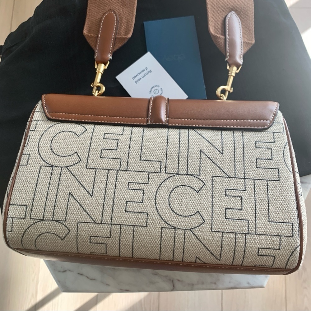 🌟 CELINE Teen Soft 16 Crossbody Bag in Textile Logo and Natural Tan Leather - Picture 8 of 16